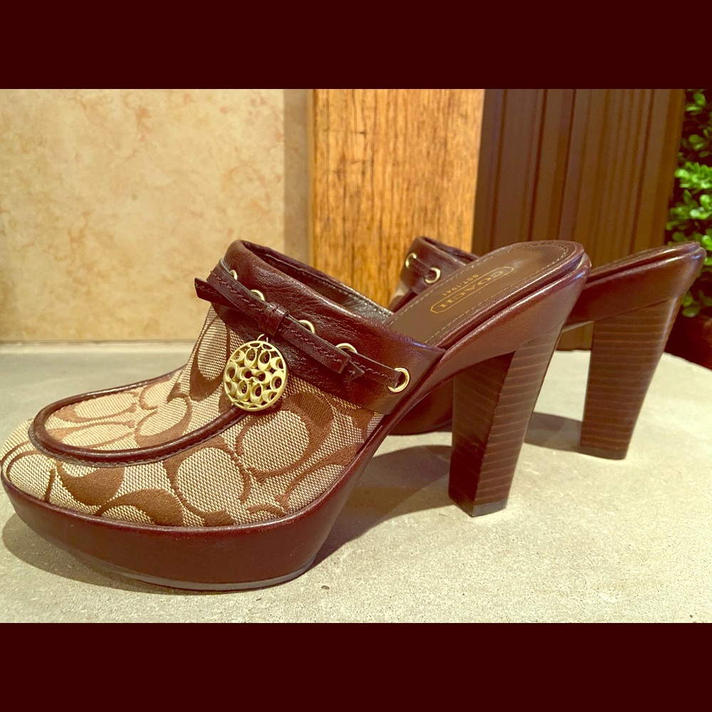 Coach Signature Pattern Mules with Brown Leather
